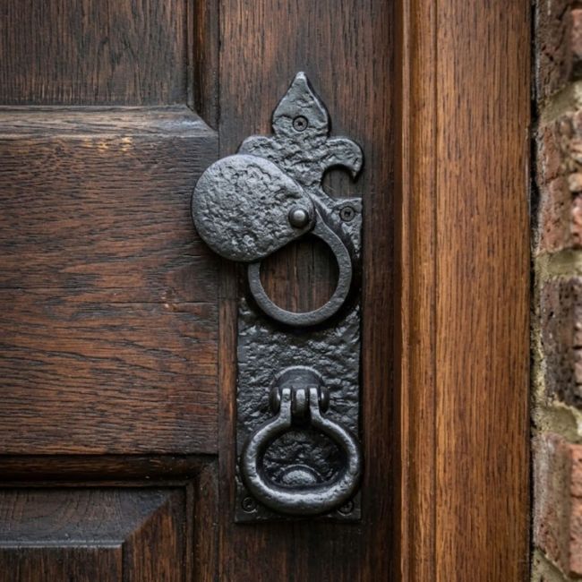 The "Hichdenbrook" Blacksmith Cylinder Latch and Knocker Shown Close up on a Heavy Timber door - Digital Illustration