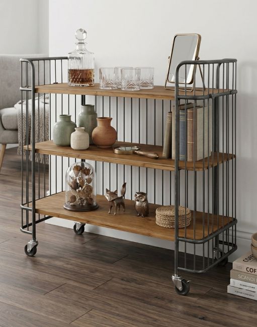 The "Holmes" Industrial Trolley Shelving Unit in a Modern Living Room Interior - Digital Illustration 
