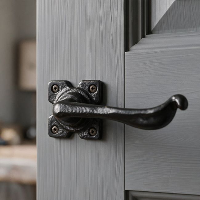 The "Hulmrood" Iron Lever Handle on a Light Grey Door in a Modern Interior Setting - Digital Illustration
