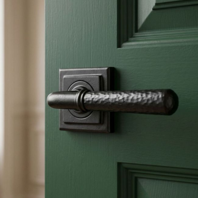 Midnight Black Hammered Unsprung Lever Door Handle on Square Rose
