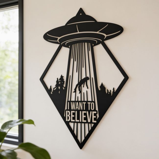 "I Want to Believe" Alien Wall Art in Situ on a Wooden Wall
