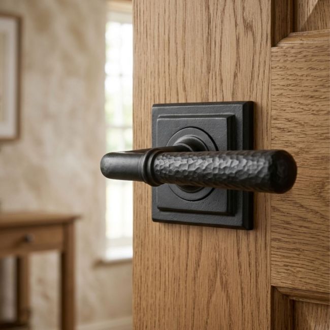 Matte Black Hammered Unsprung Lever Door Handle on Square Rose
