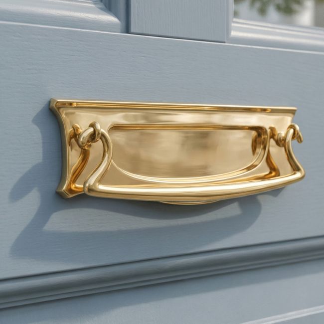 The "Kensington" Art Deco Style Horizontal Letter Plate Positioned on a Classic Grey Front Door - Digital Illustration The "Kensington" Art Deco Style Horizontal Letter Plate Positioned on a Classic Grey Front Door - Digital Illustration