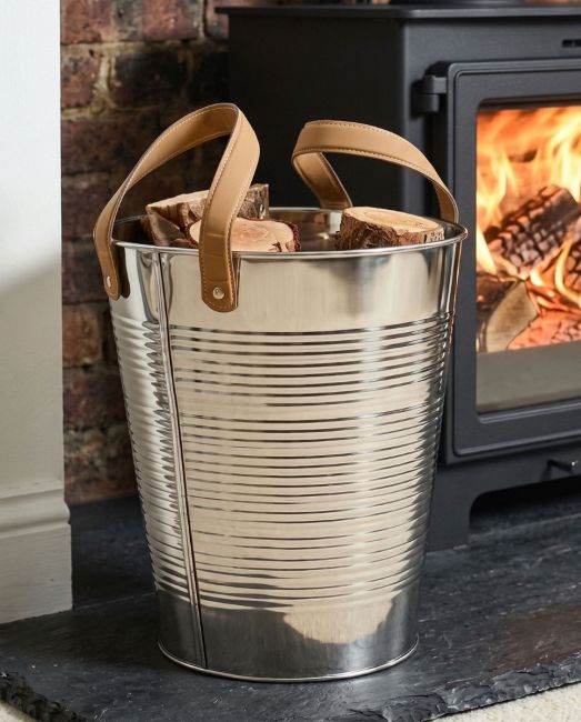 "Kinsbury" Ribbed Stainless Steel Log Holder in Situ "Kinsbury" Ribbed Stainless Steel Log Holder in Situ