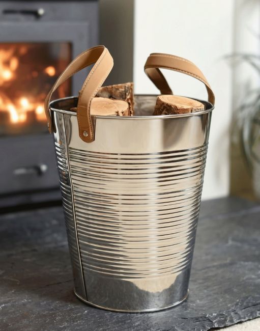 "Kinsbury" Ribbed Stainless Steel Log Holder in Situ "Kinsbury" Ribbed Stainless Steel Log Holder in Situ