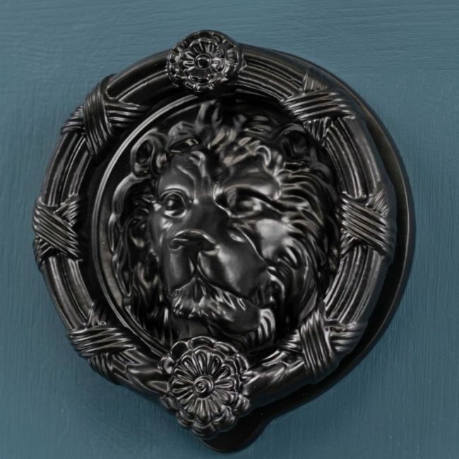 Black circle Lion door knocker on pastel door