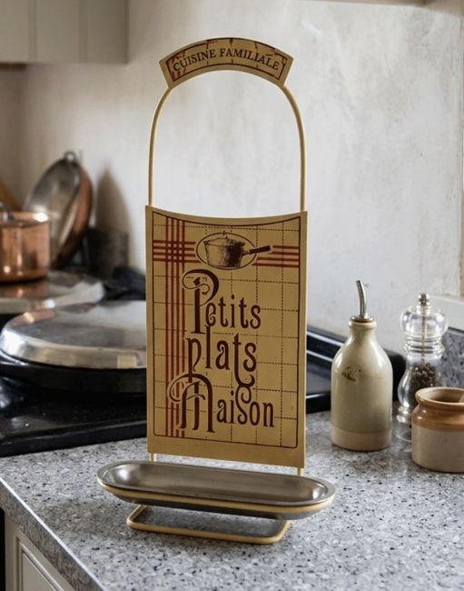The "Le Viandier Delightful" Pan Lid rest with French theme on a Kitchen Worktop next to an Aga Stove - Digital Illustration