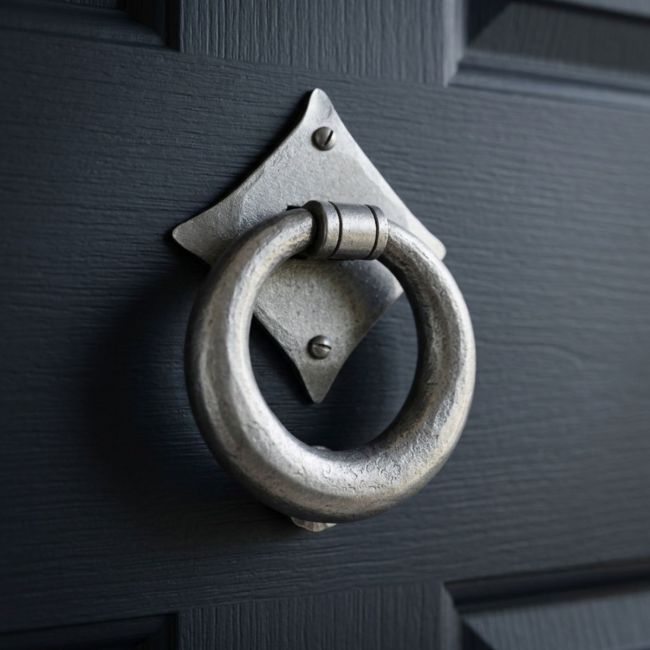 The "Lorien" Pewter Ring Door Knocker Fitted onto a Navy Blue Front Door - Digital Illustration The "Lorien" Pewter Ring Door Knocker Fitted onto a Navy Blue Front Door - Digital Illustration