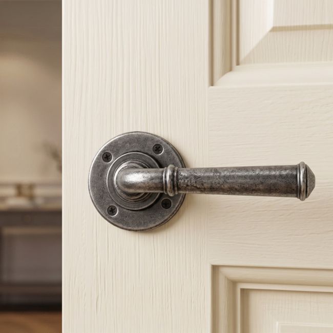Aged Pewter Rounded Unsprung Lever Door Handle on Rose Front