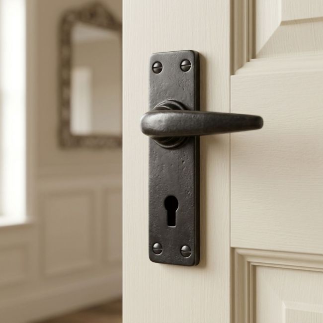 "Marcello" Black Smooth Lever Lock Set on Pink Door "Marcello" Black Smooth Lever Lock Set on Pink Door