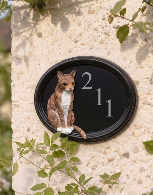 A Number 212 "Marmalade" Hand Painted Thomas Cat House Sign Mounted on a Textured White Cottage Wall - Digital Illustration A Number 212 "Marmalade" Hand Painted Thomas Cat House Sign Mounted on a Textured White Cottage Wall - Digital Illustration