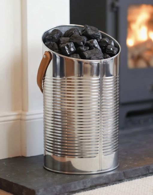 The "Mckinley Lodge" Angled Stainless Log and Coal Hod Displayed on a Fire place in a Modern Home - Digital Illustration