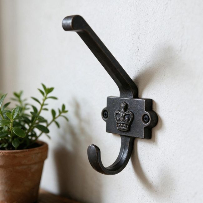 2 Hook Iron Coat hook With Crown Printed Into The Back Plate