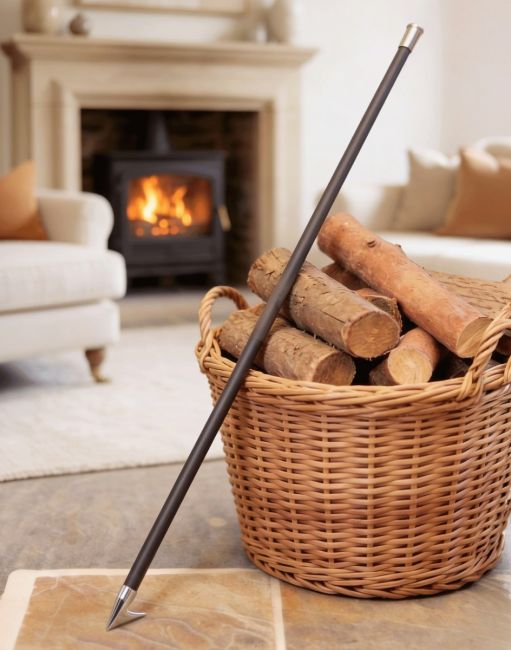 The "Nuri" Bright Chrome Fire Blow Pipe in Front of a Contemporary Fireplace next to a Log Basket - Digital Illustration