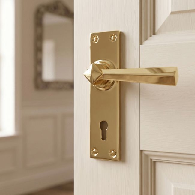 "Peregrine" Straight Lever Lock Set in a Polished Brass Finish