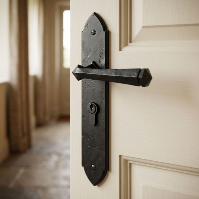 The "Rosa" Black Gothic Lever Euro Lock Set on a Cream Door on a Stone Tiled Entrance Hallway - Digital Illustration
