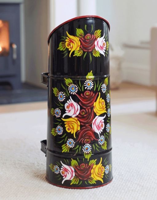 The "Rosalie" Coal Hod with Black Double Handles Placed in Front of a Warm Log Burning Stove - Digital Illustration The "Rosalie" Coal Hod with Black Double Handles Placed in Front of a Warm Log Burning Stove - Digital Illustration