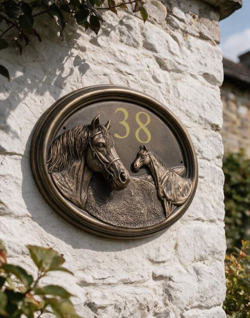 The "Sanshire Stallion" Horse Number Sign Bronze on a Cream Coloured House Wall - Digital Illustration 