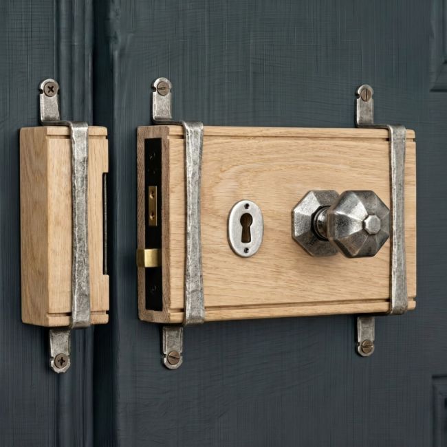 "Sesille" Oak & Antique Pewter 5 Lever Rim Lock and Knob Set - Thumbnail "Sesille" Oak & Antique Pewter 5 Lever Rim Lock and Knob Set - Thumbnail