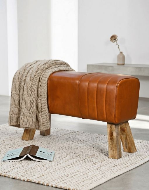 "The Brodie" Mango Wood &Tan Leather Bench 