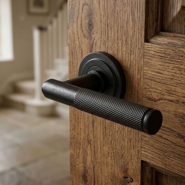  Sleek Black Textured Unsprung Lever Door Handle on Art Deco Rose Front