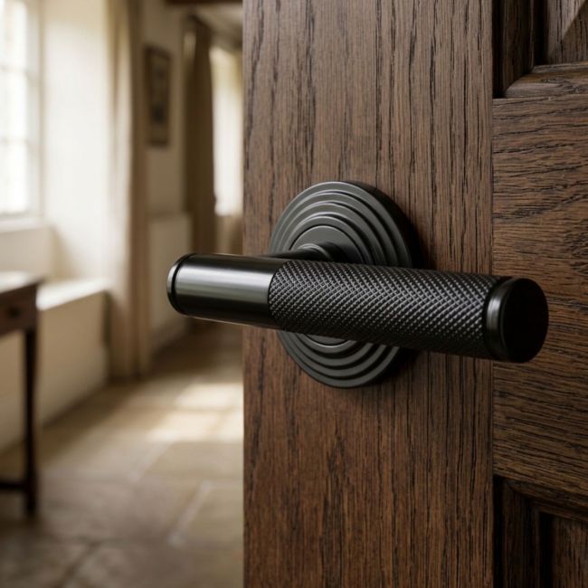Sleek Black Textured Unsprung Lever Door Handle on Beehive Rose