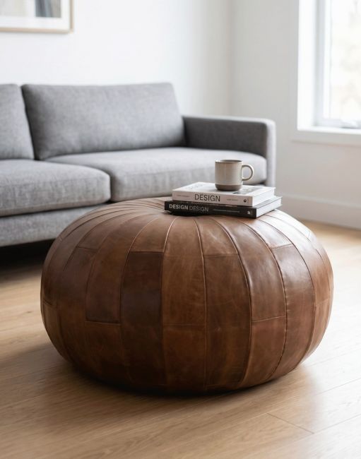 Brown Buffalo Leather Pouffe 