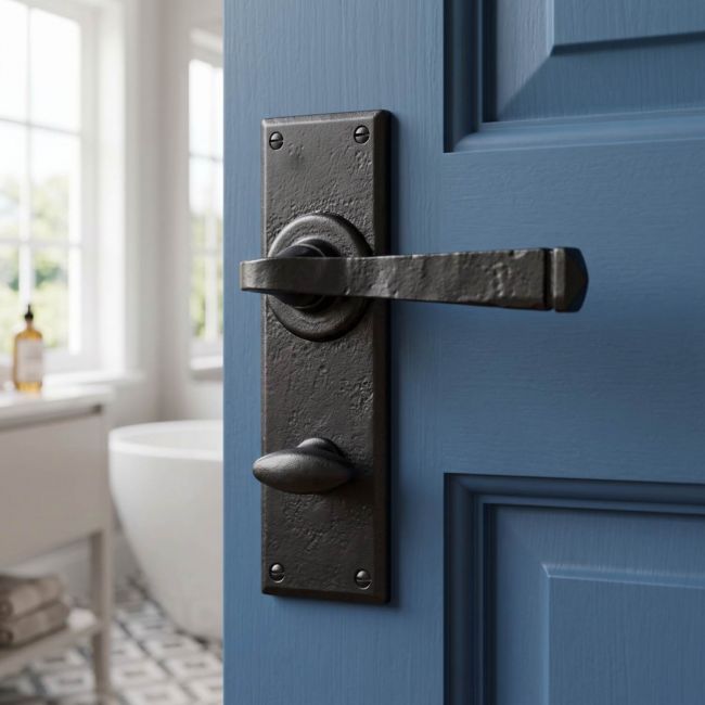 The "Thornton" Black Finish Lever Handle With Thumb Lock on a Blue Bathroom Door - Digital Illustration