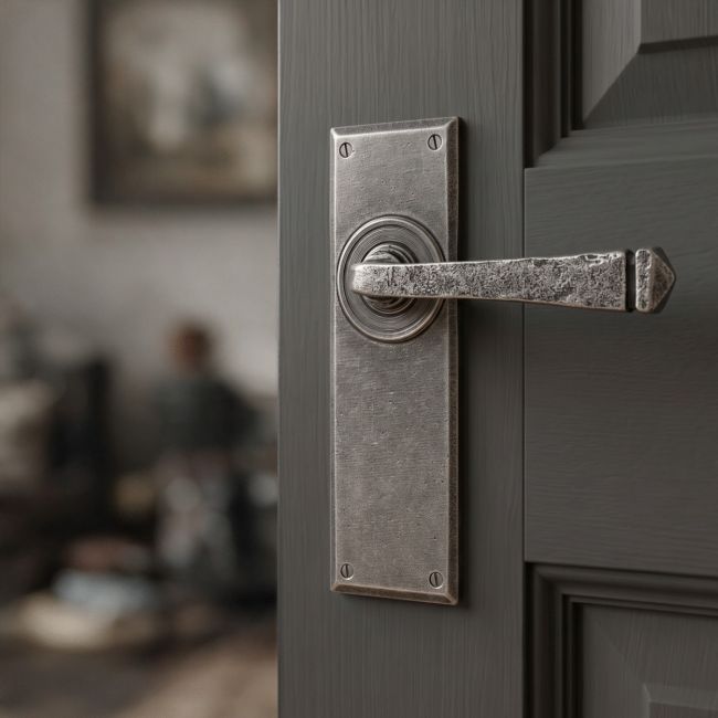 The "Thornton" Hammered Pewter Contemporary Door Handles on a Charcoal Grey Door in a Period Home - Digital Illustration .jpg