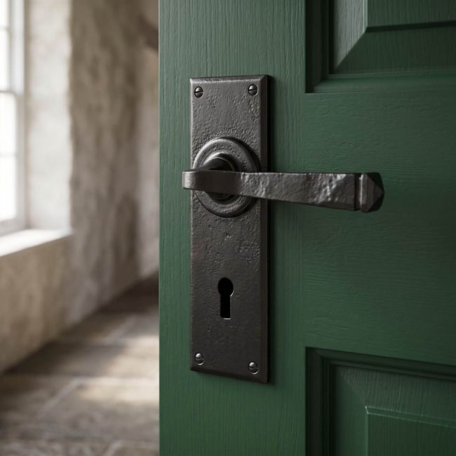 The "Thornton" Simple Contemporary Iron Lever Handle With Keyhole on a Green Coloured Timber Door - Digital Illustration
