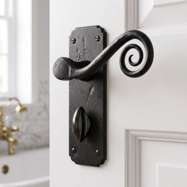 Beeswax Finish Monkey Tail Lever Handle With Bathroom Lock