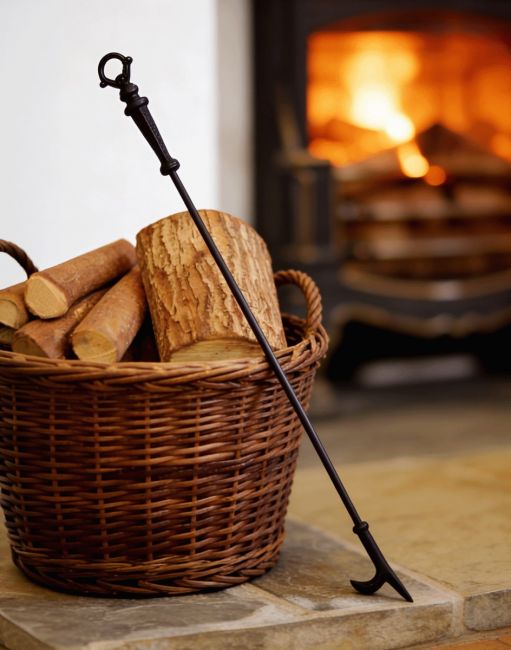 The "Victorian" Style Fireside Poker Leant to Against a Wicker Log Basket - Digital Illustration
