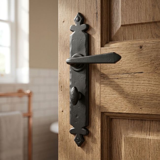 Black Tudor Sprung Lever Handles With Bathroom Lock