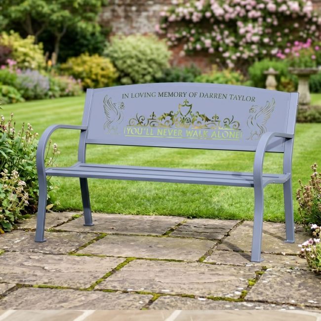 "You"ll Never Walk Alone" Liver Bird Bench in Situ in the Garden