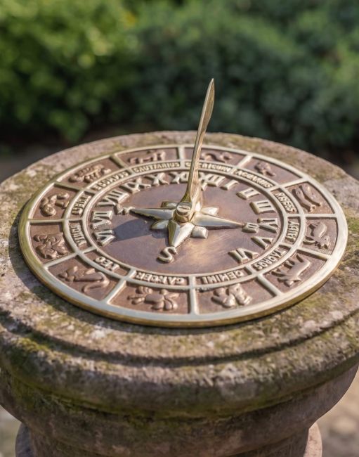 The 230mm Antique Brass "Horoscope" Sundial Fitted on a Circular Stone Plinth - Digital Illustration The 230mm Antique Brass "Horoscope" Sundial Fitted on a Circular Stone Plinth - Digital Illustration