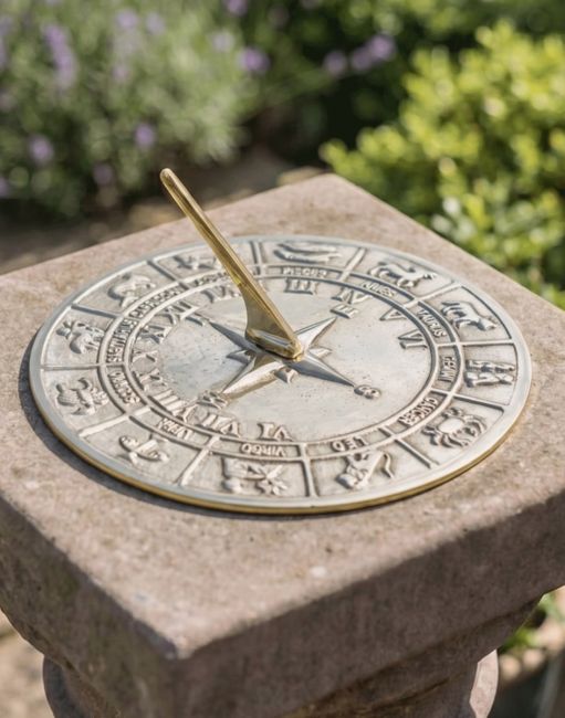 The 230mm Polished Brass "Horoscope" Sundial On top of a Stone Square Pillar in a Traditional Sunny Garden - Digital Illustration The 230mm Polished Brass "Horoscope" Sundial On top of a Stone Square Pillar in a Traditional Sunny Garden - Digital Illustration