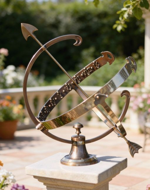 Digital illustration of "Profatius" Antique Brass Armillary - 24cm in front of wild flowers mounted on a plinth
