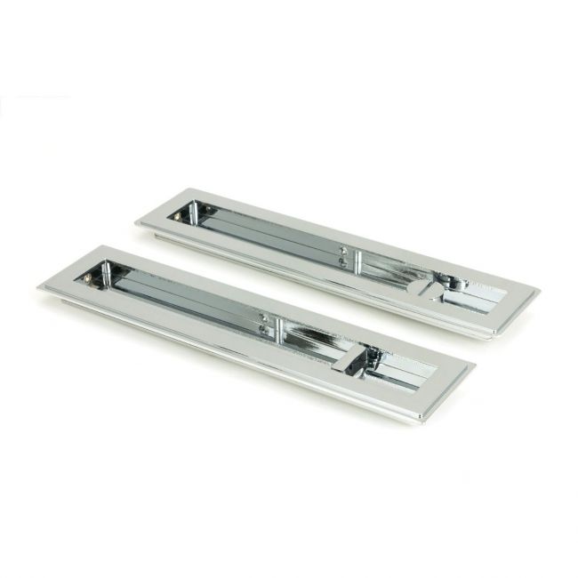 The 250mm Art Deco Rectangular Sliding Pocket Door Privacy Set in Polished Chrome Shown from an Angle on a White Background