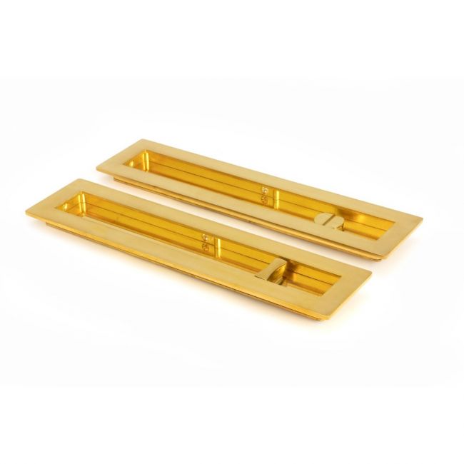 The 250mm Classic Rectangular Sliding Pocket Door Privacy Set in Polished Brass Shown on a White Background at an Angle