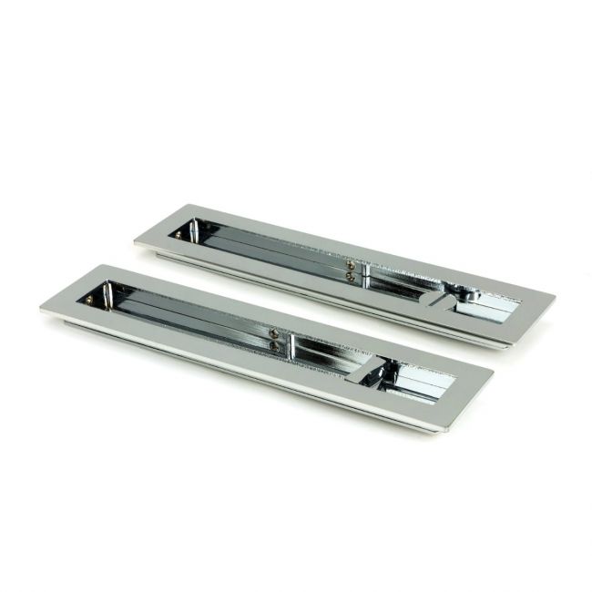 The 250mm Classic Rectangular Sliding Pocket Door Privacy Set in Polished Chrome Shown from an Angle on a White Background