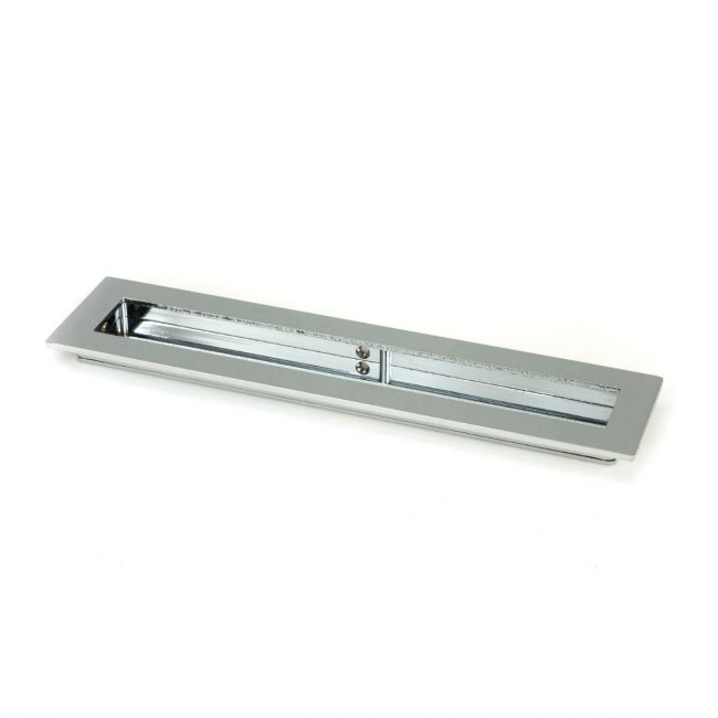 The 250mm Plain Rectangular Flush Pull Handle in Polished Chrome Shown at an Angle on a White Background