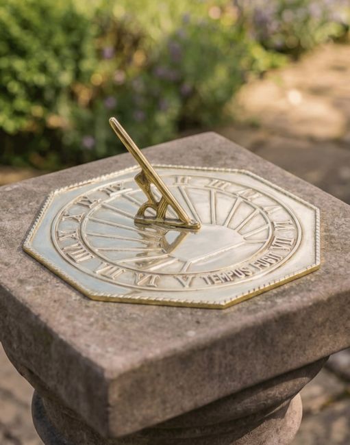 The 250mm Polished Brass "Copernicus" Sundial Mounted on a Traditional Stone Garden Pillar - Digital Illustration The 250mm Polished Brass "Copernicus" Sundial Mounted on a Traditional Stone Garden Pillar - Digital Illustration