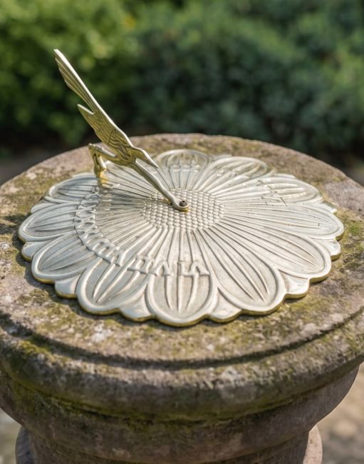 The 250mm Polished Brass "Sunflower" Sundial Mounted on a Stone Garden Pillar The 250mm Polished Brass "Sunflower" Sundial Mounted on a Stone Garden Pillar