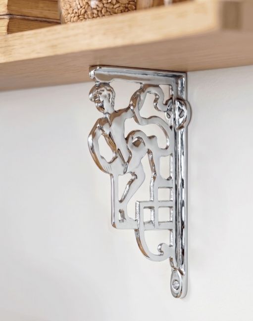 The 25 x 12cm Bright Chrome Climbing Man Design Bracket on a Clean white Modern Living Room Wall - Digital Illustration 