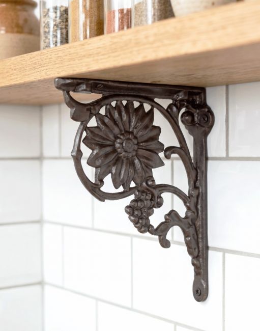 The 27 x 21cm Sunflower Iron Shelf Bracket Mounted on a Whiter Tiled Kitchen Wall in a Modern Home - Digital Illustration