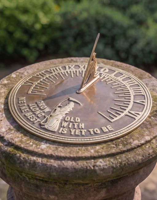 The 290mm Antique Brass "Old Father Time" Sundial on a Traditional Stone Garden Pillar in the Morning Sunlight - Digital Illustration The 290mm Antique Brass "Old Father Time" Sundial on a Traditional Stone Garden Pillar in the Morning Sunlight - Digital Illustration