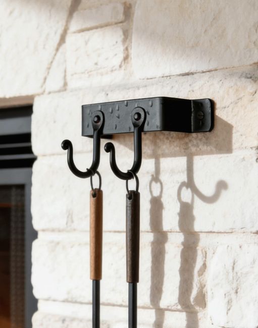 The 2 Hook "Blacksmith Style" Wall Mounted Fireside Tool Rack Fitted on a White Brick Wall in a Traditional Home - Digital Illustration