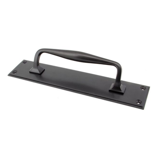 The 300mm Swelled Grip Door Handle with Backplate in Aged Bronze on a White Background The 300mm Swelled Grip Door Handle with Backplate in Aged Bronze on a White Background