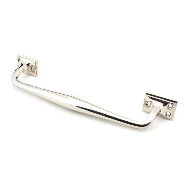 The 300mm Swelled Grip Pull Handle with Roses in Polished Nickel on a White Background 