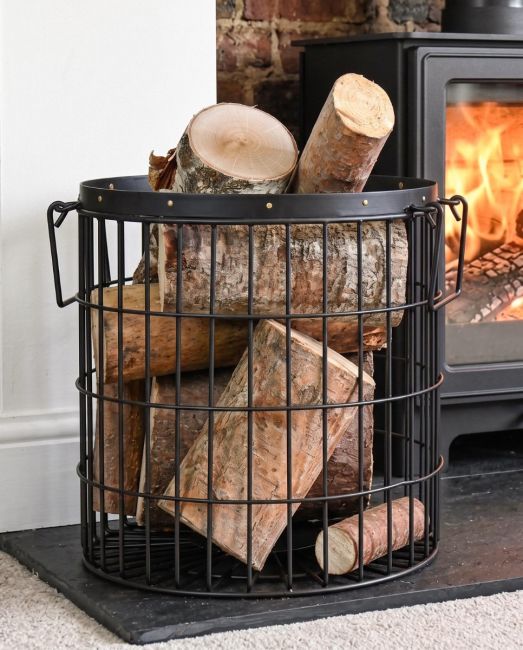 Black Wirework Fireside Log Basket In Living Room Setting